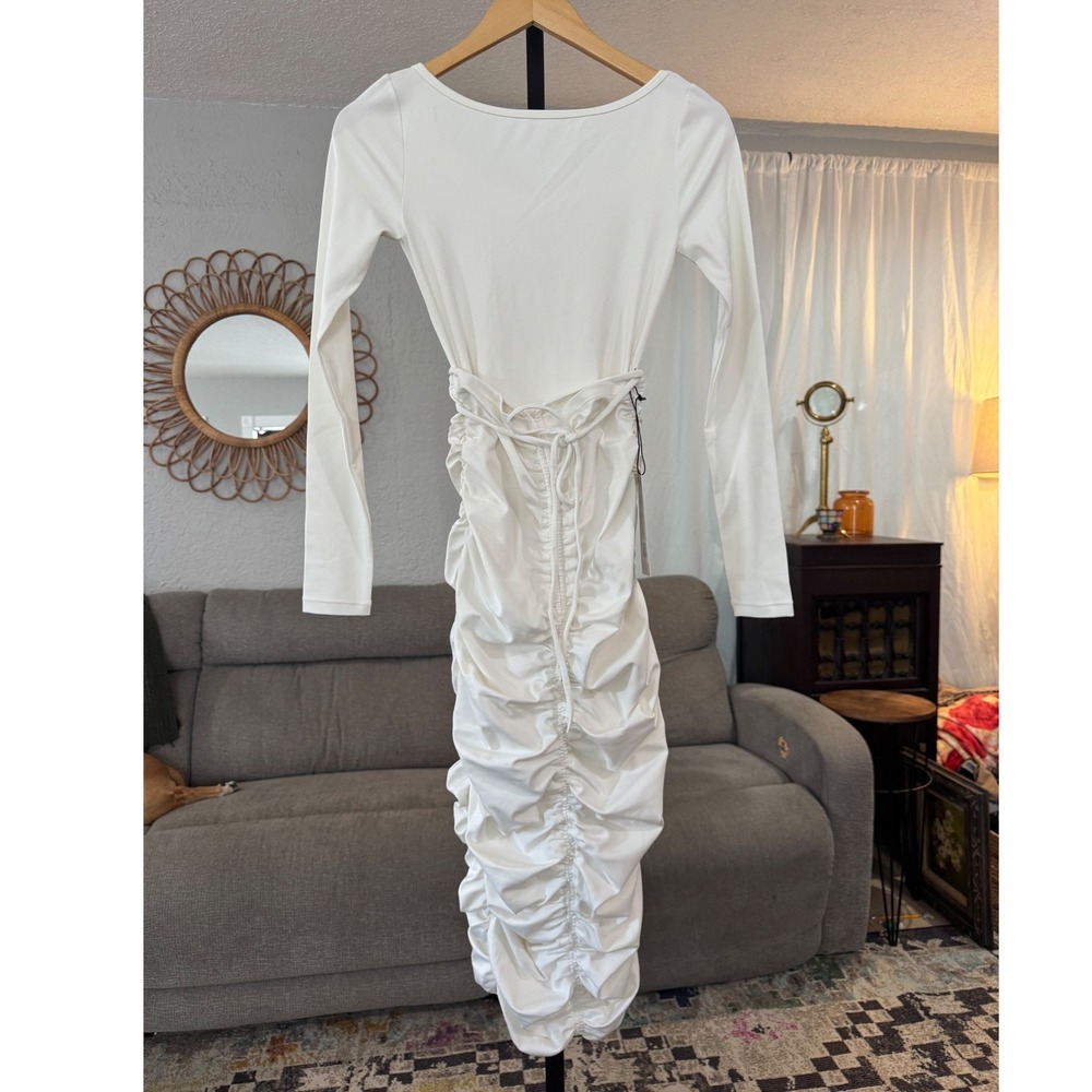 Girlfriend Collective NWT Ruched Long Sleeve Midi Dress XXS White Adjustable